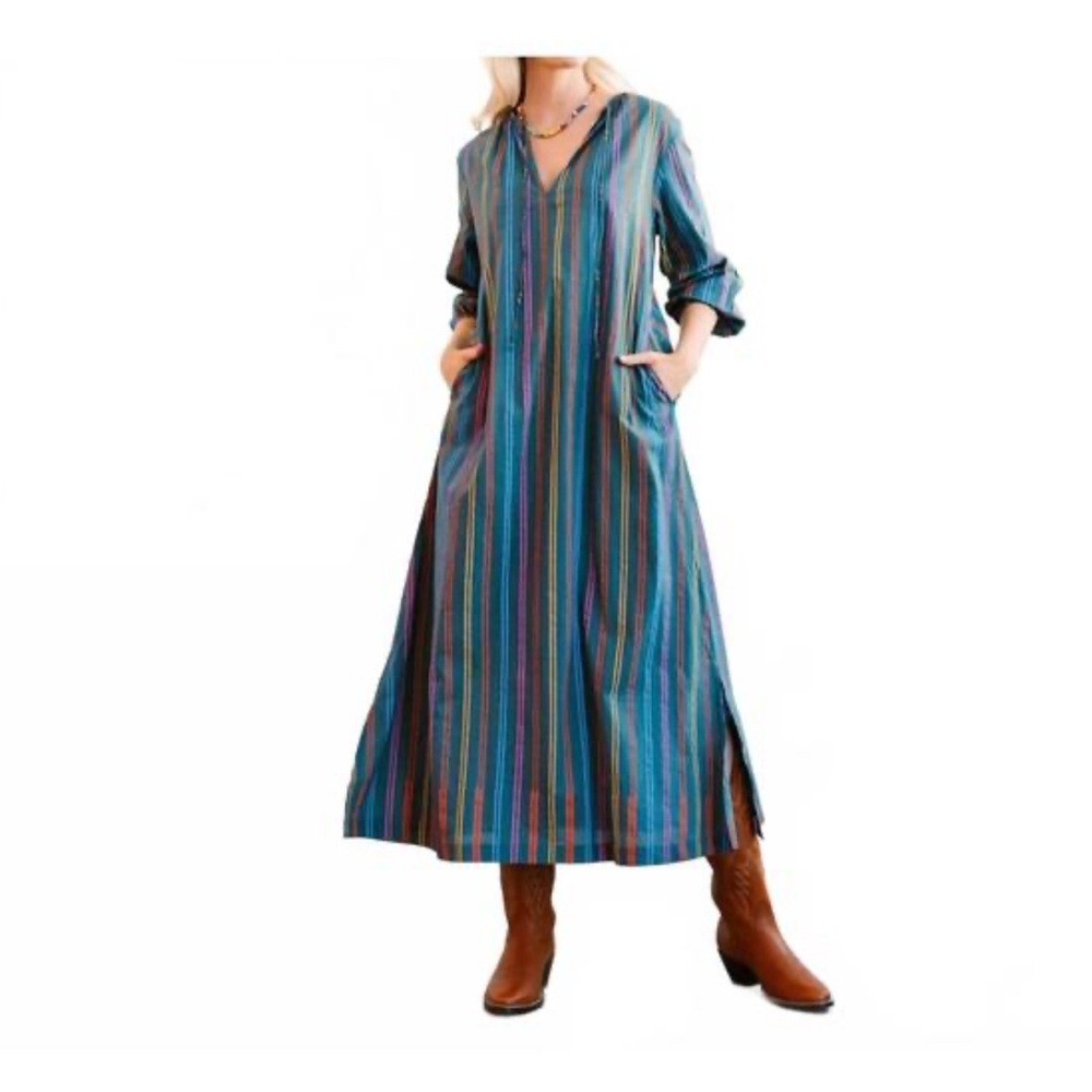 Striped V-Neck Midi Dress with Pockets - Teal Stripe